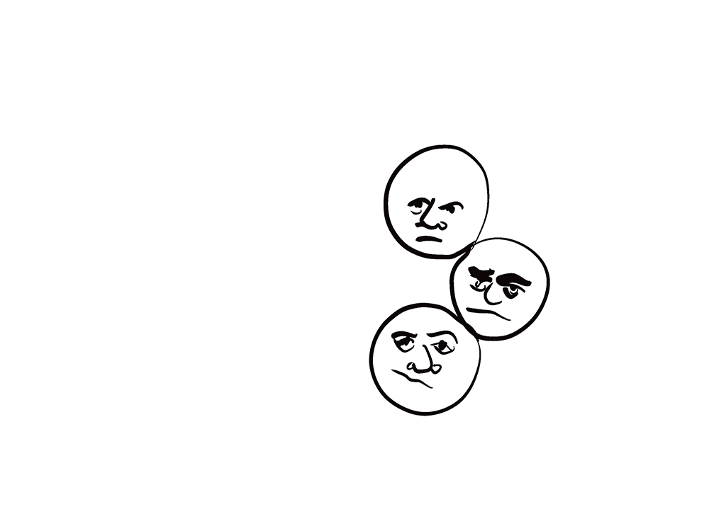 line drawing by Autumn Knight showing there faces with differing features and expressions which are difficult to read.