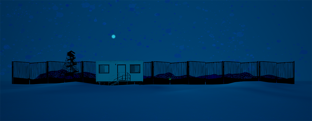 image from the game Your Ghost Body. A small building set against a dark blue background, ringed by a long fence. The moon hovers faintly above.