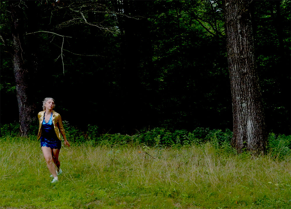 image from Andrea Kleine's Incubations. Andrea, in a sparkly blue dress and gold jacket, poses in a grassy field. In the background, large tree trunks and dark woods.